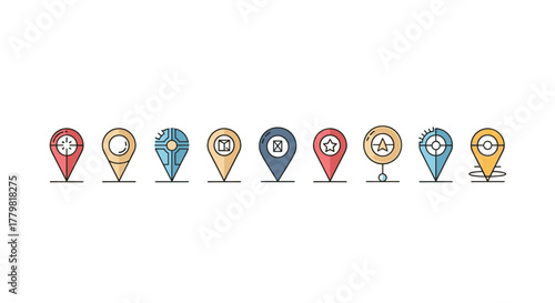 Set of nine minimalistic map pin icons with unique designs, including a target, a circle, a futuristic emblem, an envelope, a star, a compass, and more, presented in vibrant colors on a white