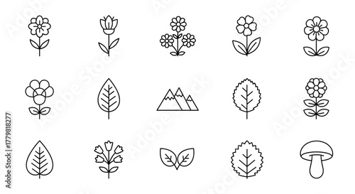 Nature and Parks Simple Linear Illustration Set: A collection of clean, minimalist vector icons featuring flowers, leaves, mountains, and a mushroom, perfect for graphic design, app interfaces, and
