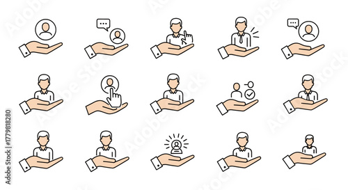 Collection of line icons representing user interaction and support, featuring hands holding user profiles, chat bubbles, and selection cursors, symbolizing customer service, human resources, and