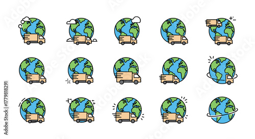 Set of 15 minimalistic linear icons depicting a delivery truck circling and moving around planet Earth, symbolizing global logistics, worldwide shipping, and e-commerce delivery services. These