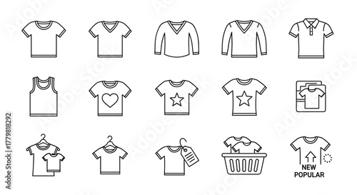 Collection of T-shirt thin line icons, editable stroke, perfect for web sites, books, cards, apps, vector cartoon illustration with a white background, set of various t-shirt designs including plain