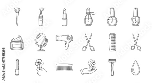 A collection of hand-drawn line art icons representing various beauty and cosmetic items, perfect for graphic design, web development, and app interfaces, including a makeup brush, lipstick, perfume