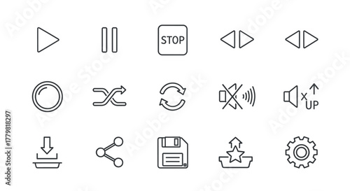 Collection of outline icons representing various media playback controls and digital functions, including play, pause, stop, fast forward, rewind, shuffle, repeat, mute, volume up, download, share