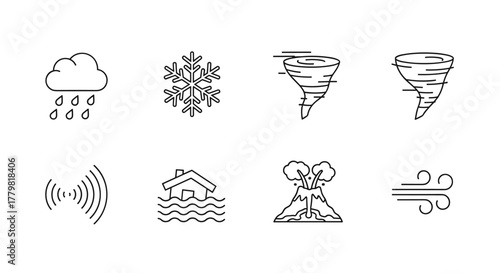 A minimalist collection of weather and natural disaster icons, featuring clean, modern line art. The set includes symbols for rain, snow, tornadoes, earthquakes, floods, volcanoes, and wind, perfect