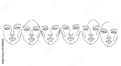 A striking vector illustration showcases a series of minimalist line art faces, presented in a horizontal arrangement against a clean white background, embodying modern beauty and artistic expression.