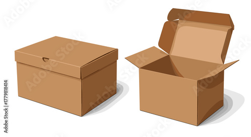 Realistic close-up and open kraft cardboard box mockup, vector illustration isolated on white background. Can be used for template your design, presentation, packaging, shipping, delivery, storage