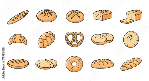 A delightful collection of 15 distinct bread icons, featuring a baguette, various round loaves, sliced bread, croissants, a pretzel, buns, and braided bread, all rendered in a clean, cartoon style