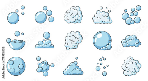 Set of isolated cartoon bubbles and foam icons on a white background, perfect for interface elements, social media posts, advertisements, and various card designs. This ordered collection features