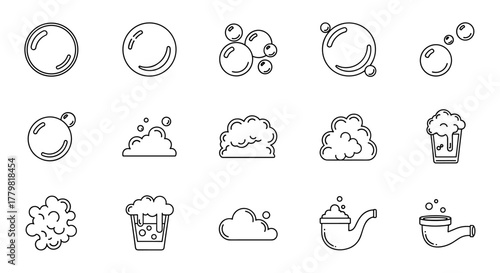 Set of vector line icons representing bubbles, foam, and a pipe, perfect for illustrating concepts related to cleanliness, beverages, or smoking. This clean, minimalist design features a white