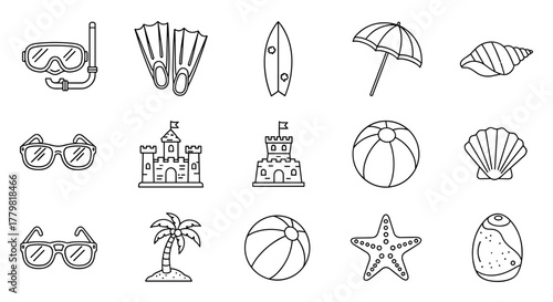 Collection of summer vacation and beach-related line icons, including a diving mask, snorkel, fins, surfboard, beach umbrella, sunglasses, sandcastles, beach balls, seashells, starfish, and a palm