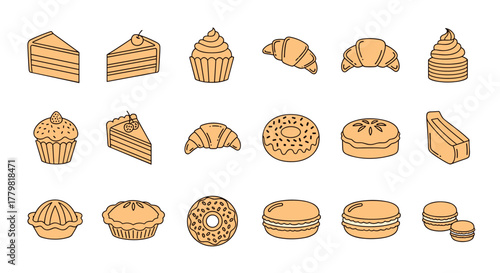 A delightful collection of simple, cartoon-style icons featuring various cakes and pastries, including slices of cake, cupcakes, croissants, donuts, pies, macarons, and sandwiches, all with editable