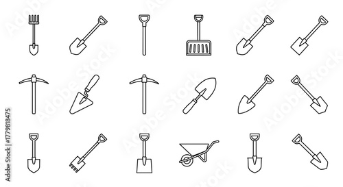 Collection of Shovel-Related Line Icons: A Comprehensive Set of Outline Signs Perfect for Graphic Design, Web Development, App Interfaces, Advertisements, and Diverse Card Designs, Featuring a Clean