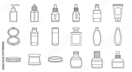 Collection of outline icons representing various cosmetic bottles and containers, including pump dispensers, dropper bottles, spray bottles, tubes, compacts, and jars, perfect for graphic design