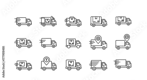 Collection of Delivery Truck Icons for UI Design, Placards, Books, and Apps, Featuring Editable Stroke and Perfect for Web Sites, Books, Cards, and Apps, Vector Cartoon Illustration with a Modern