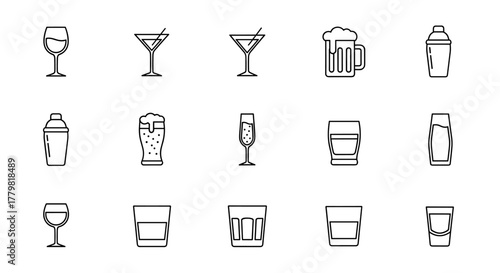 Collection of minimalist black line art icons representing various alcoholic beverages and bar tools, including wine glasses, martini glasses, beer mugs, champagne flutes, shot glasses, and cocktail