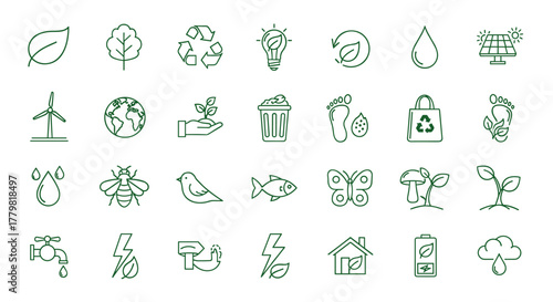 A comprehensive collection of eco-friendly and nature-themed line icons, featuring elements like leaves, trees, recycling symbols, light bulbs, wind turbines, the Earth, water drops, bees, birds