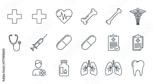 A comprehensive collection of minimalistic linear medical icons, featuring essential healthcare symbols like crosses, a heartbeat line within a heart, bones, a caduceus, stethoscope, syringe, pills