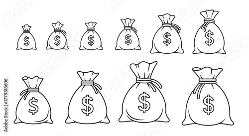 Collection of Outline Money Bags with Dollar Signs, Editable Stroke Vector Cartoon Illustrations Perfect for Infographics, Articles, Books, Flyers, and Banners, Symbolizing Wealth and Finance