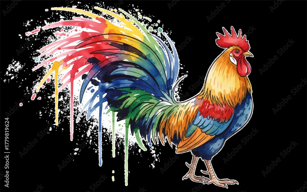 Fototapeta premium Vibrant Rooster Art with Colorful Watercolor Splash and Splatter Tail, a Dynamic and Expressive Animal Illustration
