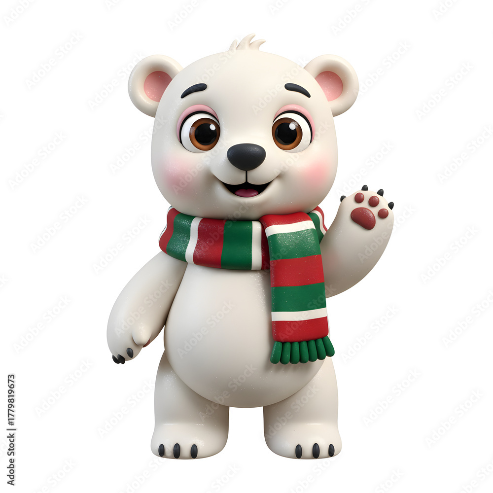 Naklejka premium Cute polar bear wearing red green striped Christmas scarf waving isolated PNG transparent background, isolated on transparent PNG background, festive Christmas character
