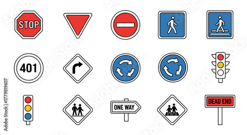 Collection of simple, isolated line icons representing various road signs, including stop signs, yield signs, no entry signs, pedestrian crossings, roundabouts, traffic lights, and dead end signs