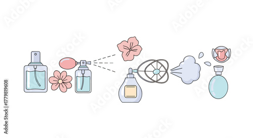 A charming vector cartoon illustration on a white background, showcasing a sequence of perfume bottles and floral elements, depicting the essence of fragrance creation and application with a modern