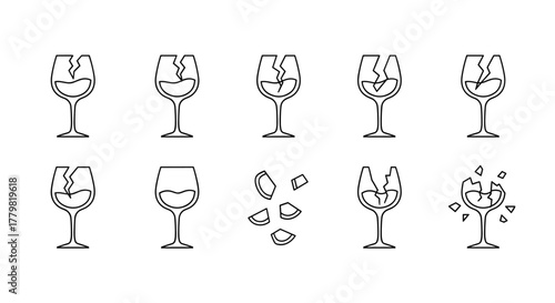Set of minimalistic linear icons depicting broken wine glasses, symbolizing fragility, accidents, or the end of a celebration. This collection features various stages of breakage, from hairline