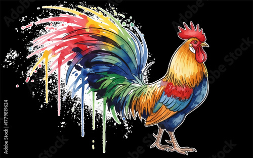 Vibrant Rooster Art with Colorful Watercolor Splash and Splatter Tail, a Dynamic and Expressive Animal Illustration