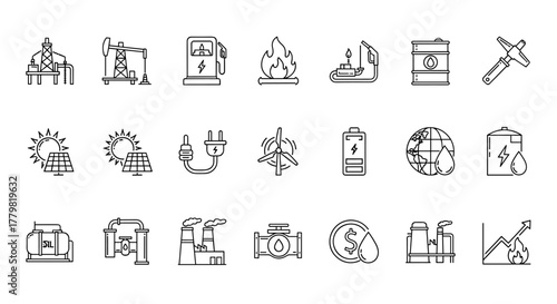 Set of linear icons representing oil and gas industry, energy sources, and related concepts, including oil rigs, gas stations, solar panels, wind turbines, batteries, and factories, all in a clean