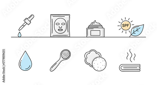 Set of isolated flat icons representing skincare products and treatments, including a dropper with serum, a sheet mask packet, a jar of cream, SPF sun protection symbol with a leaf, a water droplet