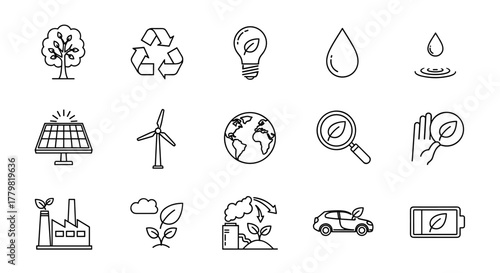 Set of ecology icons, including a tree, recycling symbol, lightbulb with leaf, water drop, solar panel, wind turbine, globe, magnifying glass with leaf, hand holding leaf, factory, plant sprout