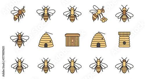 A vibrant collection of minimalist bee and beehive icons, rendered in a clean linear style, perfect for nature-themed designs, representing apiary, honey production, and insect life with charming