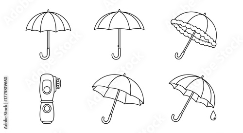 Collection of six outline illustrations of umbrellas and a rain gauge, featuring various styles including a decorative ruffled edge umbrella, a classic bumbershoot, and a simple parasol, all on a
