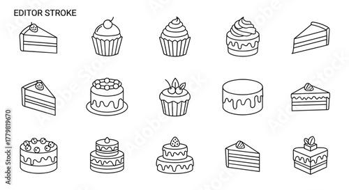 Collection of simple, isolated line icons representing various cakes and cupcakes, perfect for web, books, cards, and apps. This editable stroke vector cartoon illustration features sweet treats like