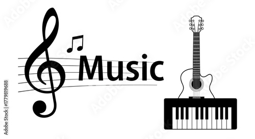 A visually striking black and white graphic design featuring musical elements, including a treble clef, musical notes, the word "Music" stylized on a staff, an acoustic guitar, and a piano keyboard