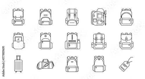 Collection of outline icons representing various backpacks, duffel bags, and a suitcase, suitable for school, travel, and outdoor adventures. This versatile set features clean, ordered line art on a