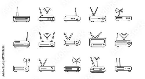 Collection of thin line icons representing various Wi-Fi routers and modems, perfect for web, apps, and digital design, presented on a clean white background with editable strokes for versatility.