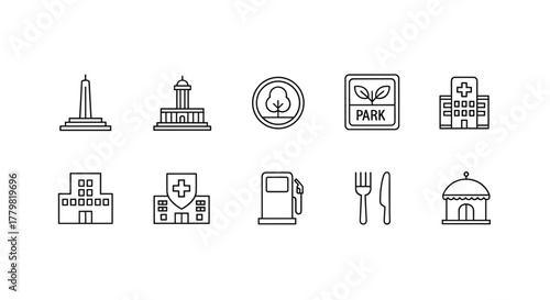 City map icon set featuring outline symbols for landmarks, parks, hospitals, gas stations, and restaurants, representing urban navigation and essential services with a clean, modern aesthetic