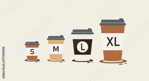 Vector illustration of S, M, L, and XL takeaway coffee cups in a minimalist style, perfect for cafe menus, stickers, packaging, and branding. This set showcases different sizes of disposable coffee