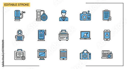 Cloud hosting line editable icon set, containing cloud storage, cloud computing, data backup, cloud server, file sync, and more. This collection features a clean, modern design with editable strokes