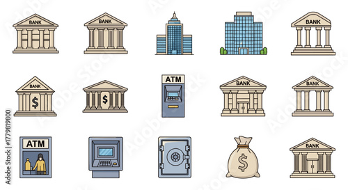 Collection of bank building illustrations, including traditional and modern architecture, ATMs, and a money bag, perfect for infographics, articles, books, flyers, and banners. This vector cartoon