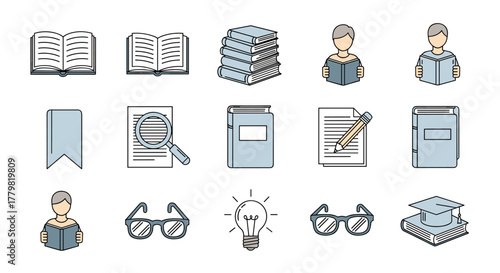 Collection of flat design outline icons representing books, reading, education, and knowledge, perfect for infographics, articles, books, flyers, and banners, rendered in a clean vector cartoon style