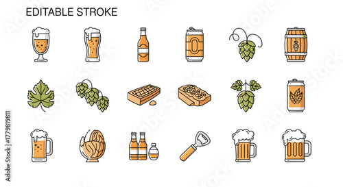 Collection of Outline Beer Icons with Editable Stroke, Perfect for Infographics, Articles, Books, Flyers, Banners, Vector Cartoon Illustration featuring Glasses, Bottles, Cans, Hops, Malt, and