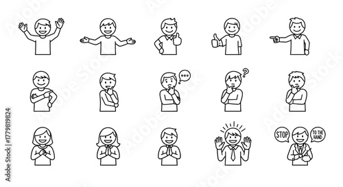 Diverse collection of cartoon line art illustrations featuring people with various gestures and expressions, ideal for conveying nonverbal communication, emotions, and actions in a simple, linear