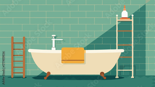 A bathroom with a freestanding tub subway tile and a vintage wooden ladder used as a towel rack.