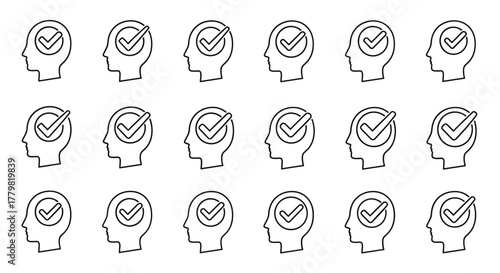 Set of line icons representing a human head profile with a checkmark inside a circle, symbolizing confirmation, agreement, or a correct idea. This vector graphic is perfect for use in designs, books