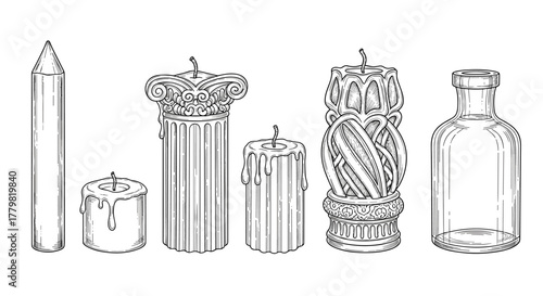 Collection of assorted antique candle shapes and a bottle on a white background, vector hand-drawn illustration. Includes a pencil-shaped candle, a short cylindrical candle with dripping wax, a tall