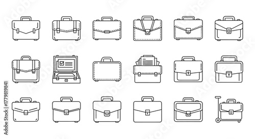 Collection of Briefcase Thin Icons, Editable Stroke, Perfect for Web Sites, Books, Cards, Apps, Vector Cartoon Illustration with a White Background, Business Travel and Work Accessories, Professional