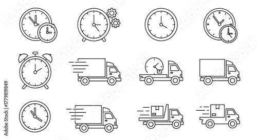 Collection of outline icons representing time and delivery services, featuring various clock designs, alarm clocks, and trucks in motion, suitable for graphic design, web, apps, and advertising on a
