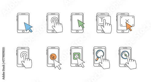 Set of minimalistic vector icons and pictograms depicting various smartphone interactions and cursor actions, perfect for web design, app interfaces, social media banners, and graphic design